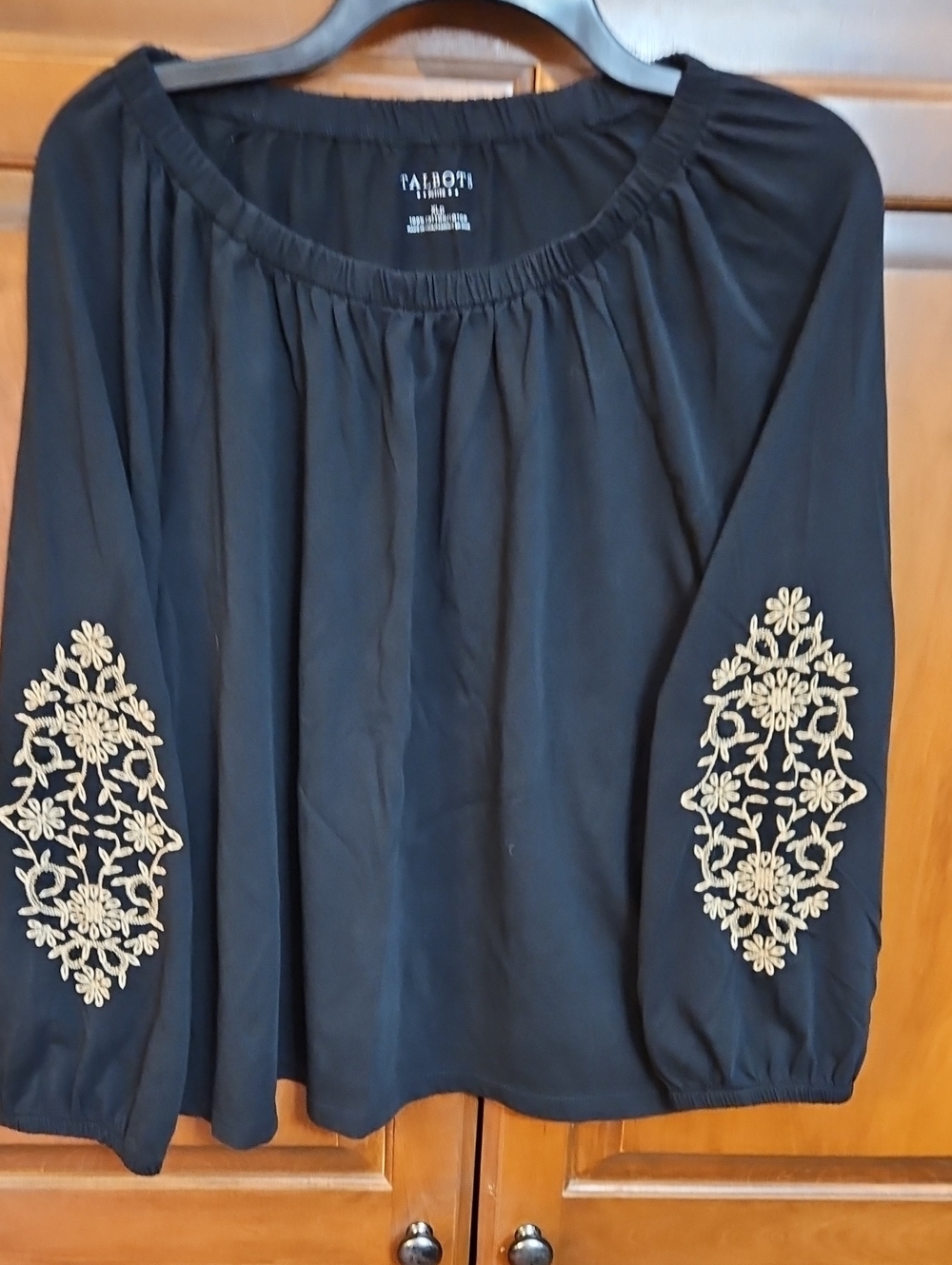Talbots Black Tunic with Gold Embroidered Elbow Panels
